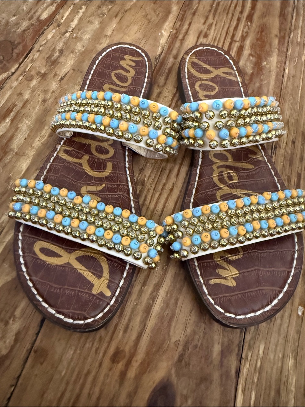 Sam Edelman Beaded Double-Strap Slide Sandals in Blue & Peach